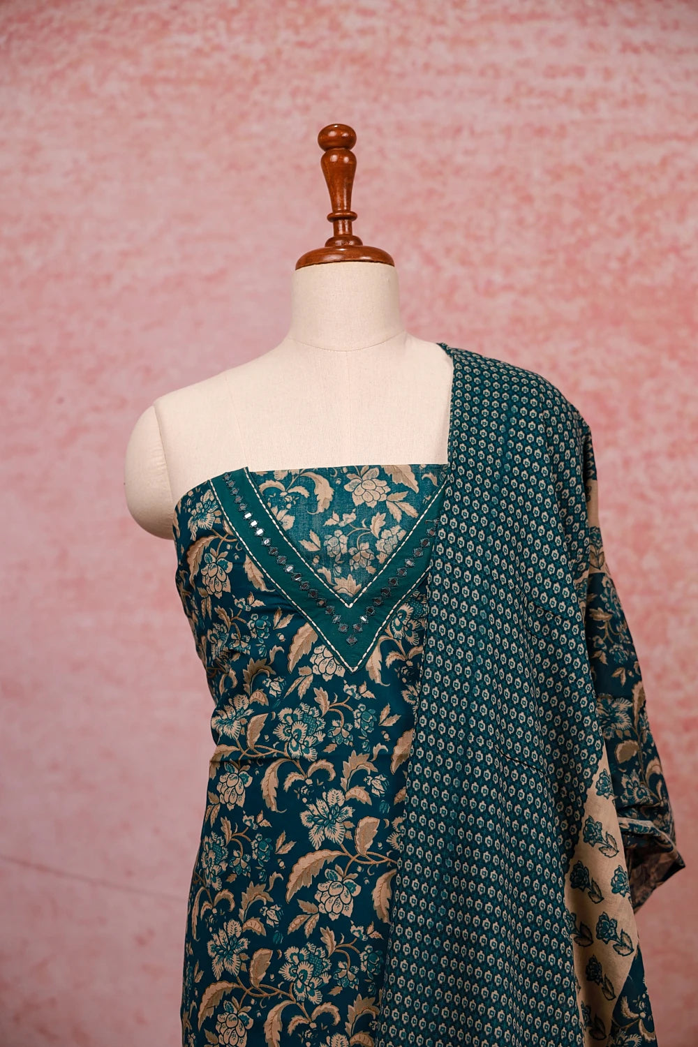 Peacock Blue Cotton Mirror Work Unstitched Churidhar Material