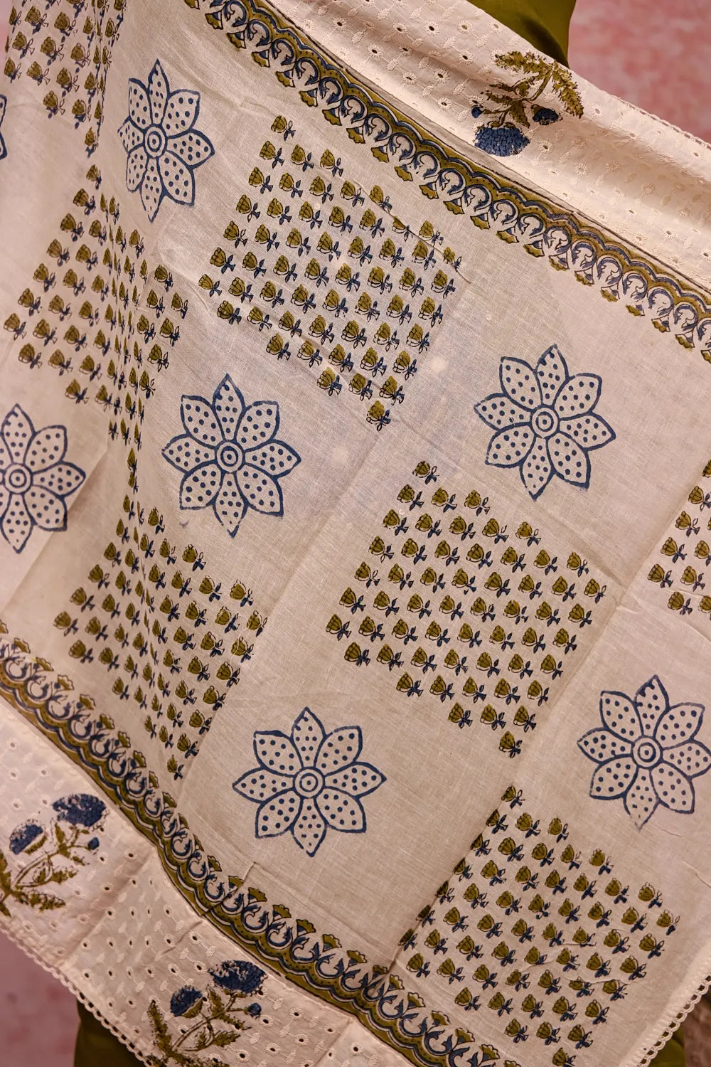 Mehandi Green Cotton Applic Work Unstitched Churidhar Material