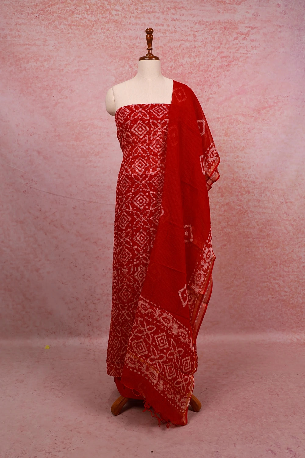 Red Net Kota Printed Unstitched Churidhar Material