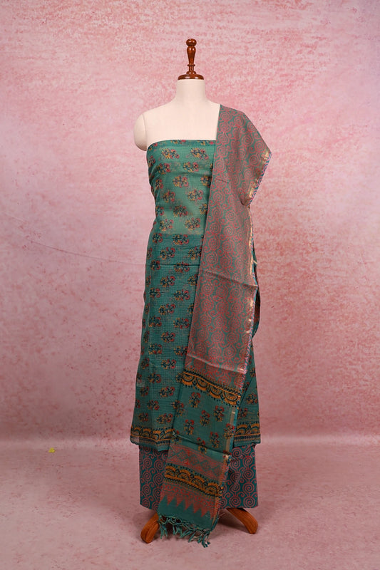Green Net Kota Printed Unstitched Churidhar Material