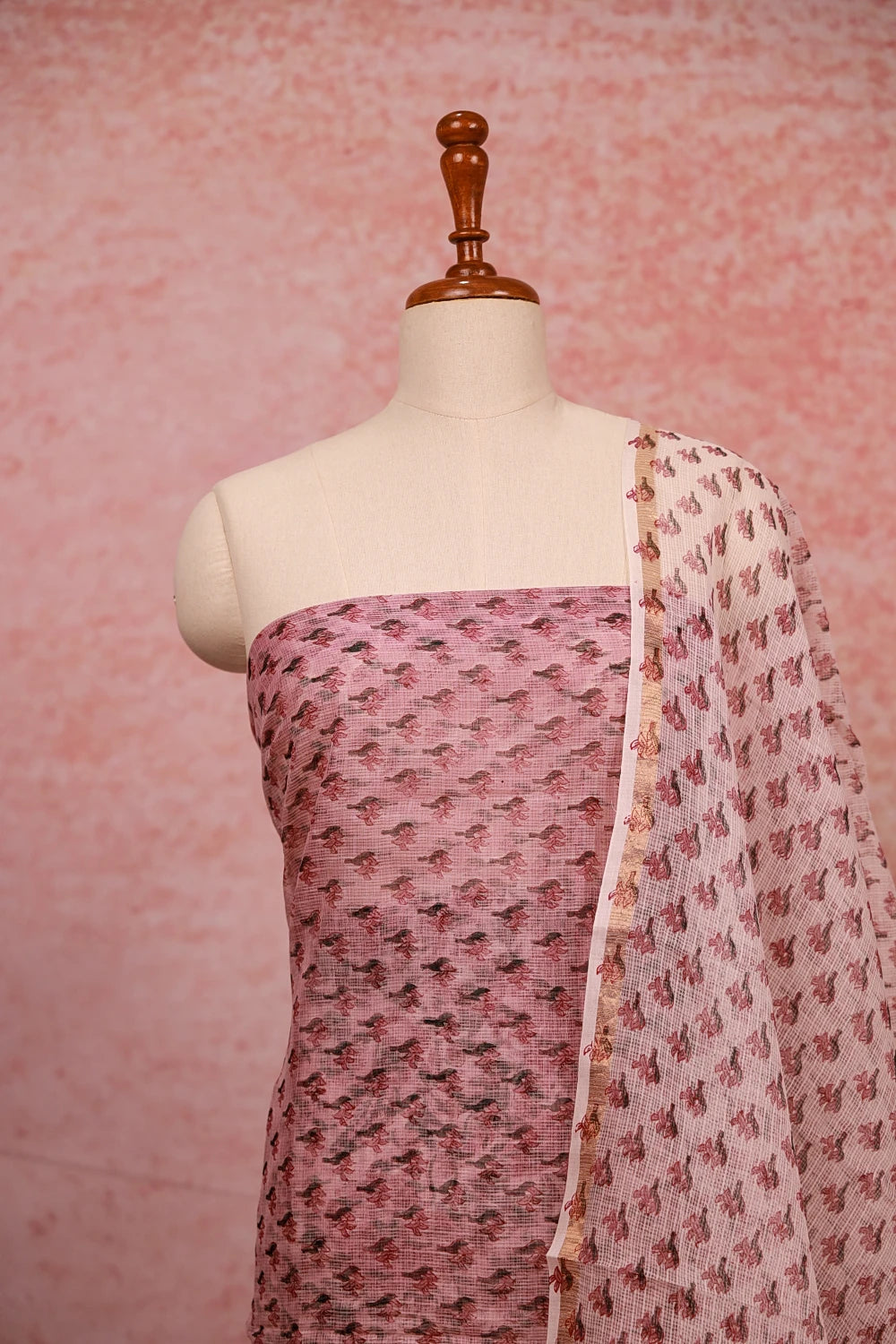 Lavender Pink Net Kota Printed Unstitched Churidhar Material