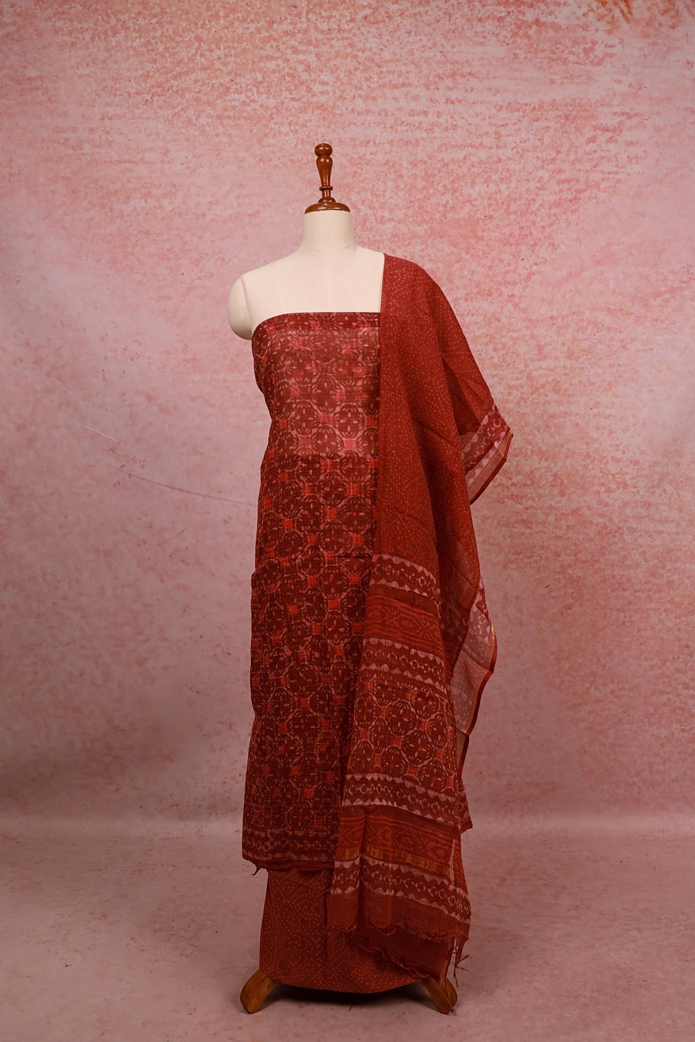 Brown Net Kota Printed Unstitched Churidhar Material