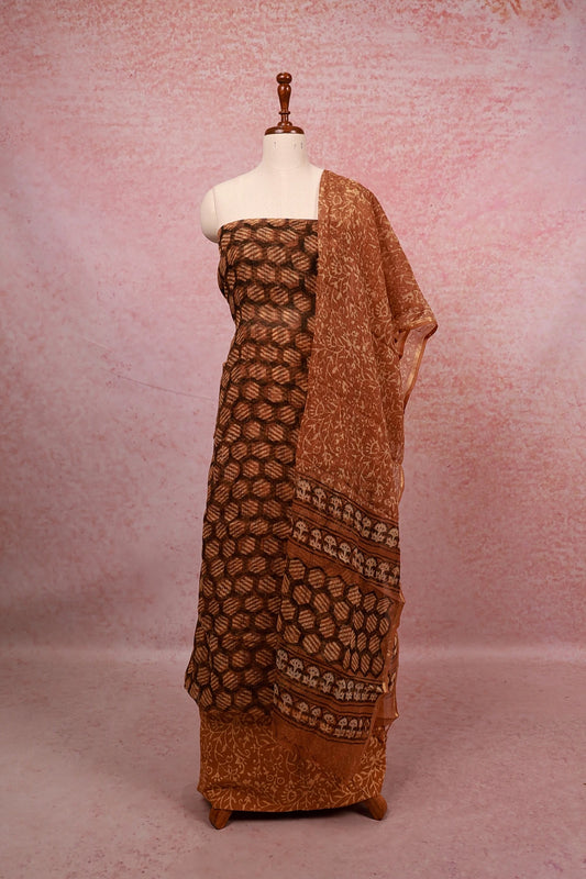 Light Brown Net Kota Printed Unstitched Churidhar Material