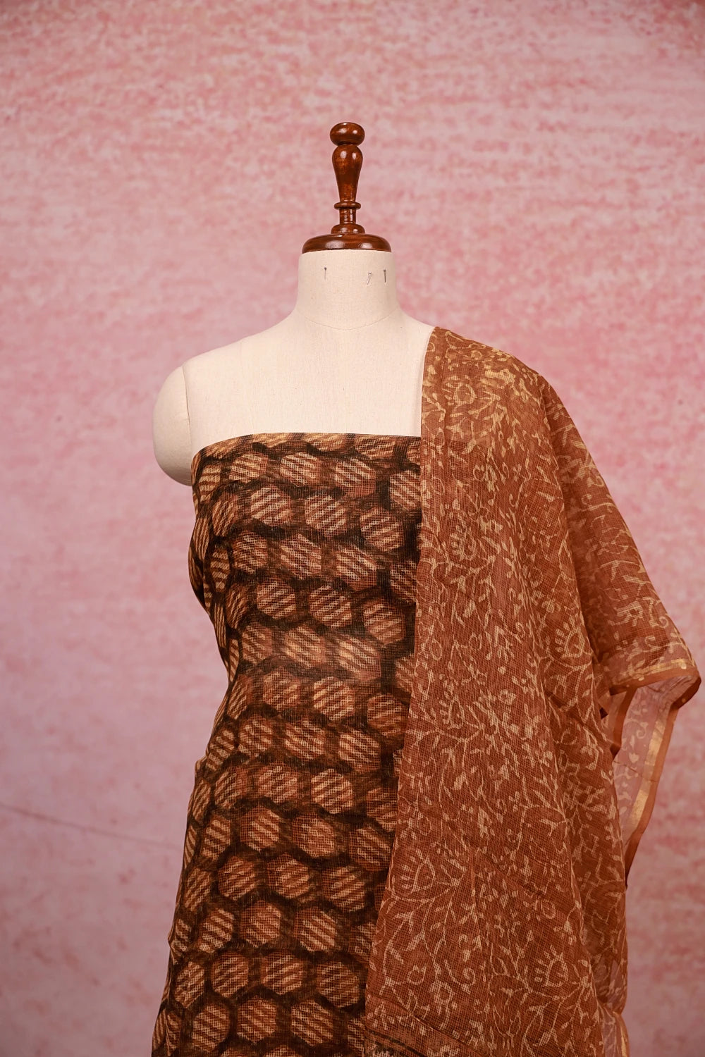 Light Brown Net Kota Printed Unstitched Churidhar Material