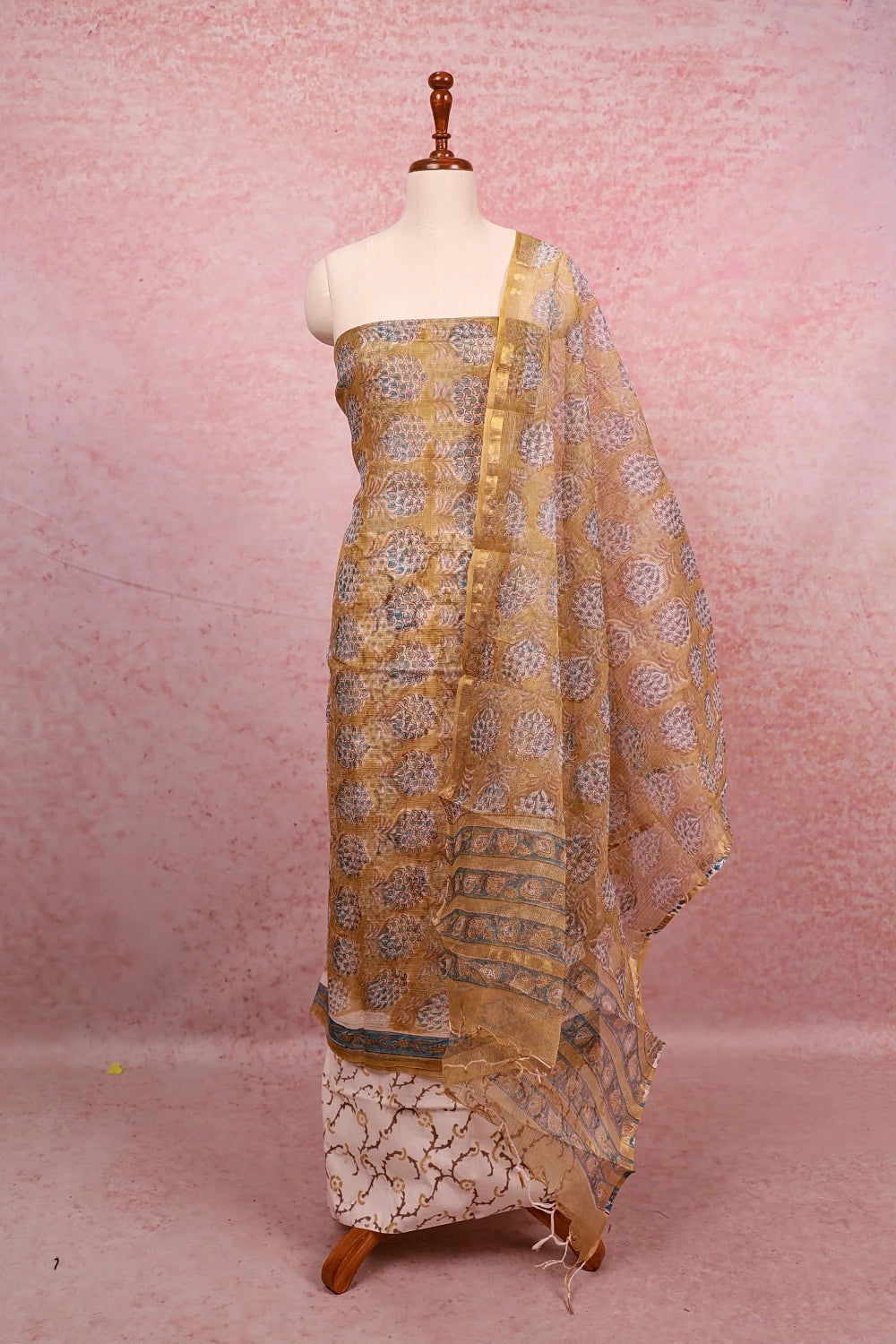 Olive Green Net Kota Printed Unstitched Churidhar Material