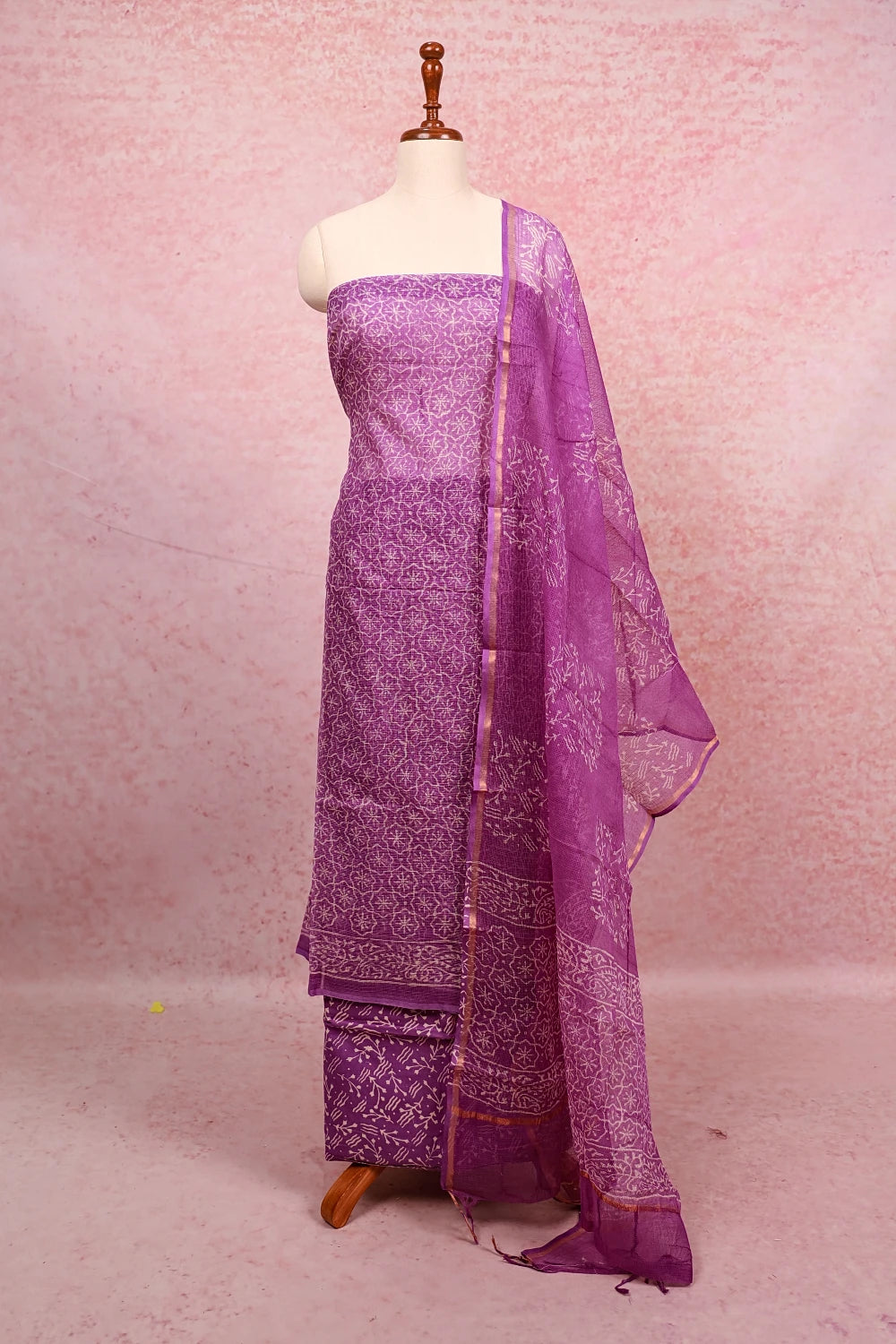 Lavender Net Kota Printed Unstitched Churidhar Material