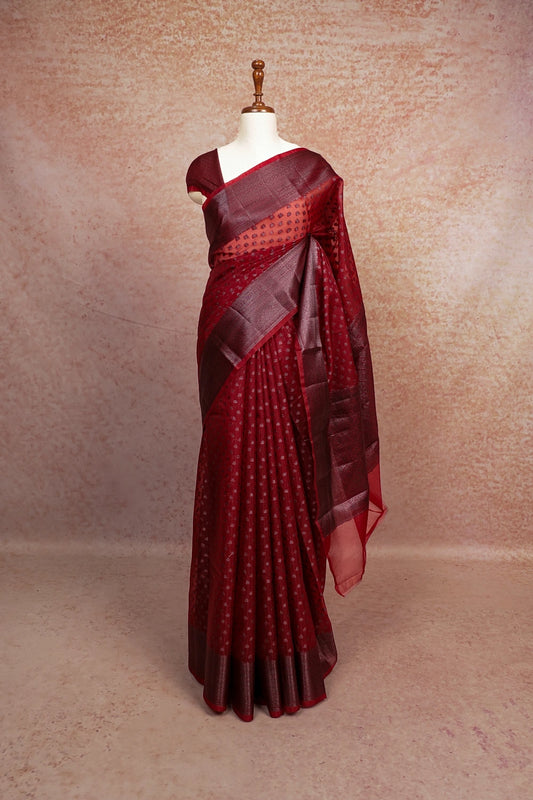 Dark Maroon Semi Banarasi Saree