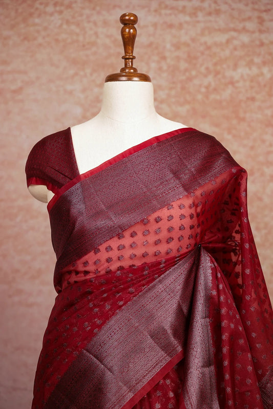Dark Maroon Semi Banarasi Saree