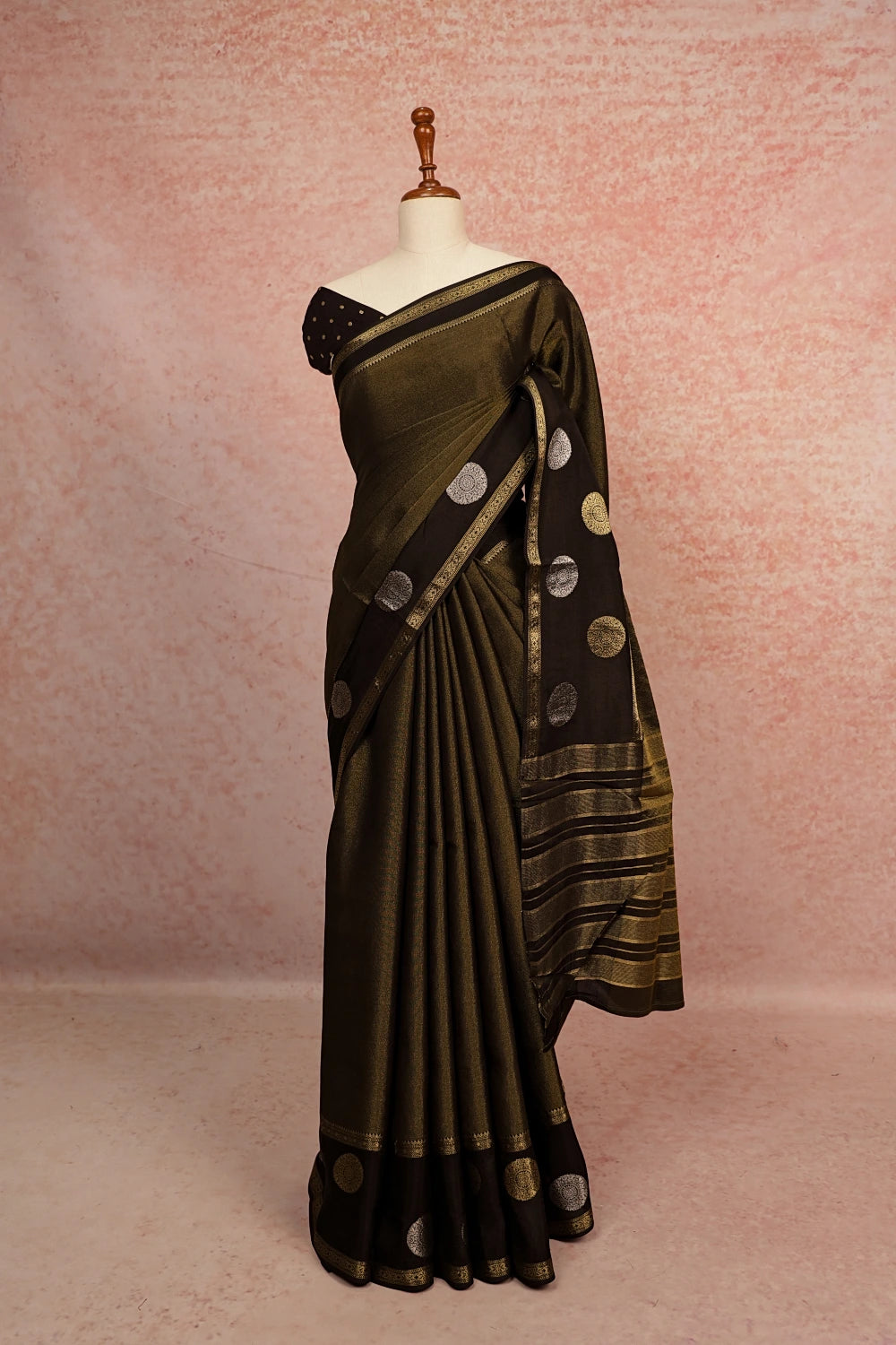 Golden Black Semi Banarasi Saree