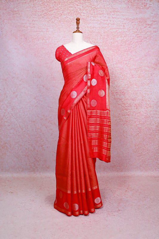 Reddish Pink Semi Banarasi Saree