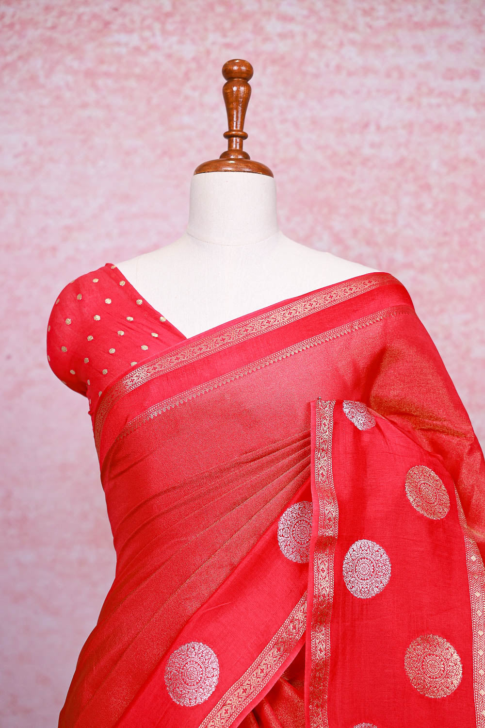 Reddish Pink Semi Banarasi Saree