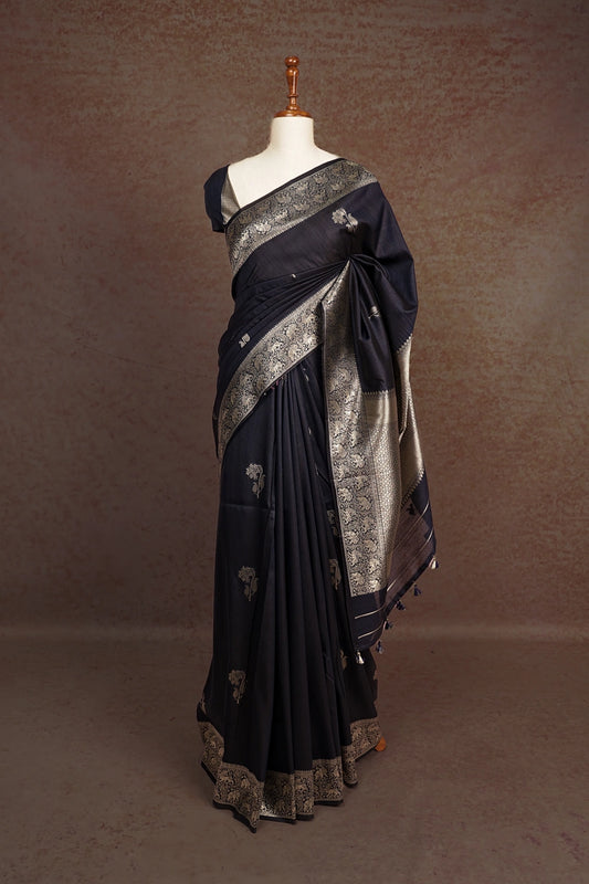 Dark Navy Blue Semi Banarasi Saree