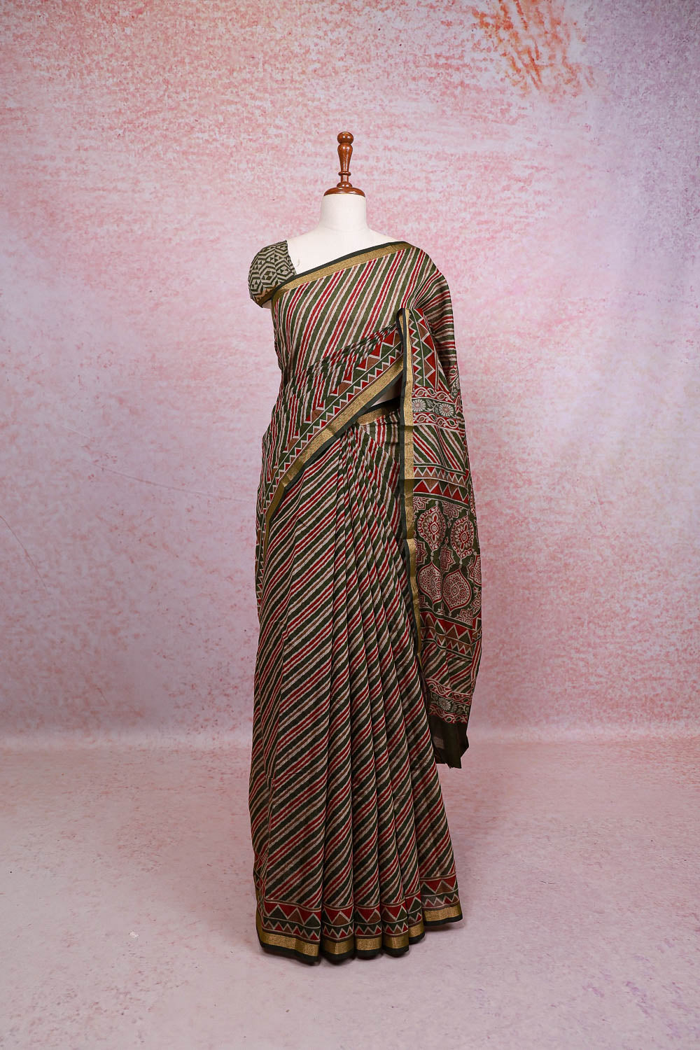 Olive Green Cotton Synthetic Saree