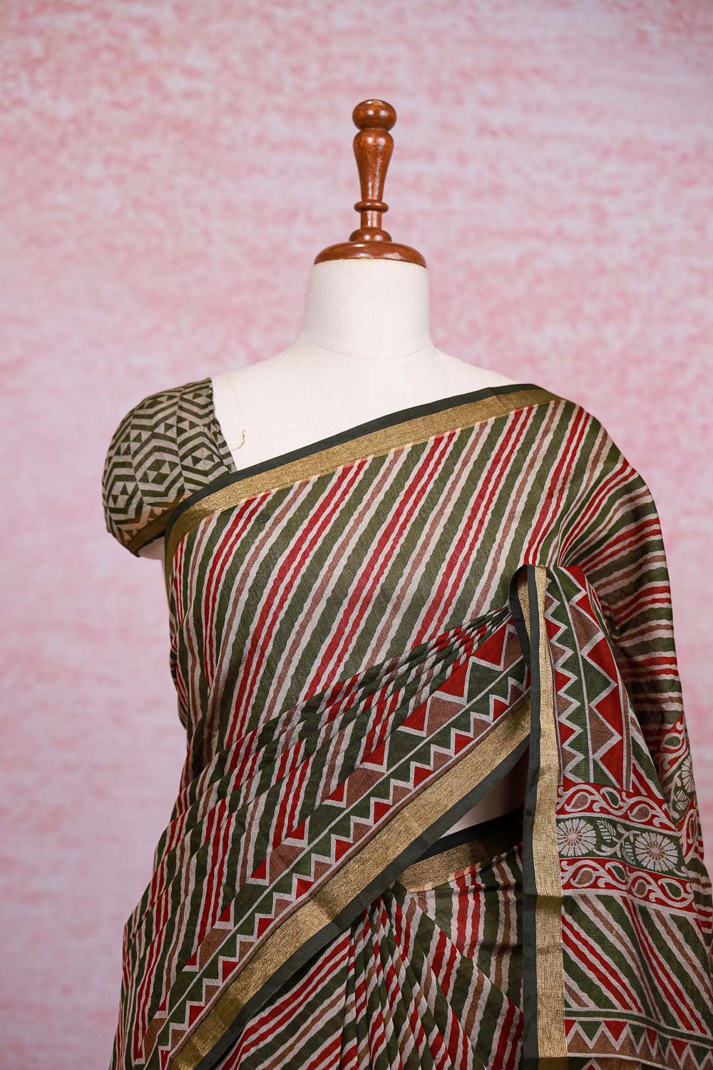 Olive Green Cotton Synthetic Saree