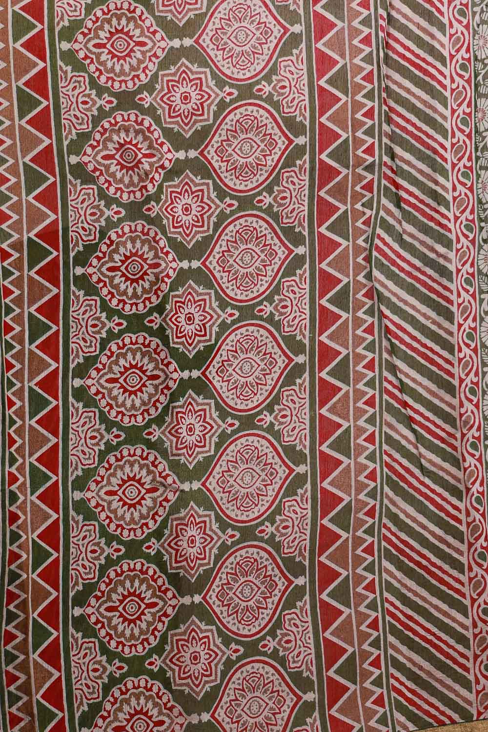 Olive Green Cotton Synthetic Saree