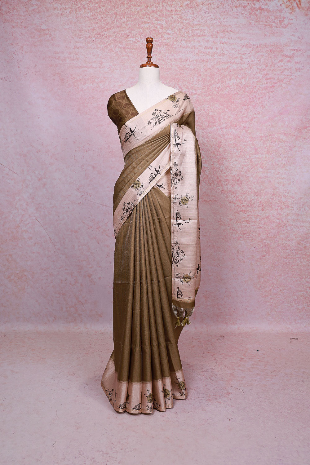 Mehandi Green Semi Tussar Saree