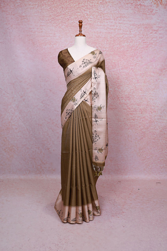 Mehandi Green Semi Tussar Saree