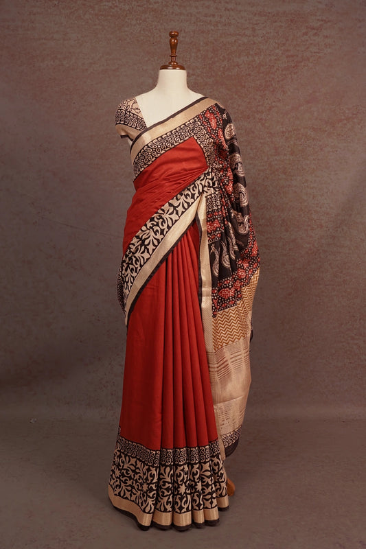 Brick Orange Semi Chanderi Silk Saree