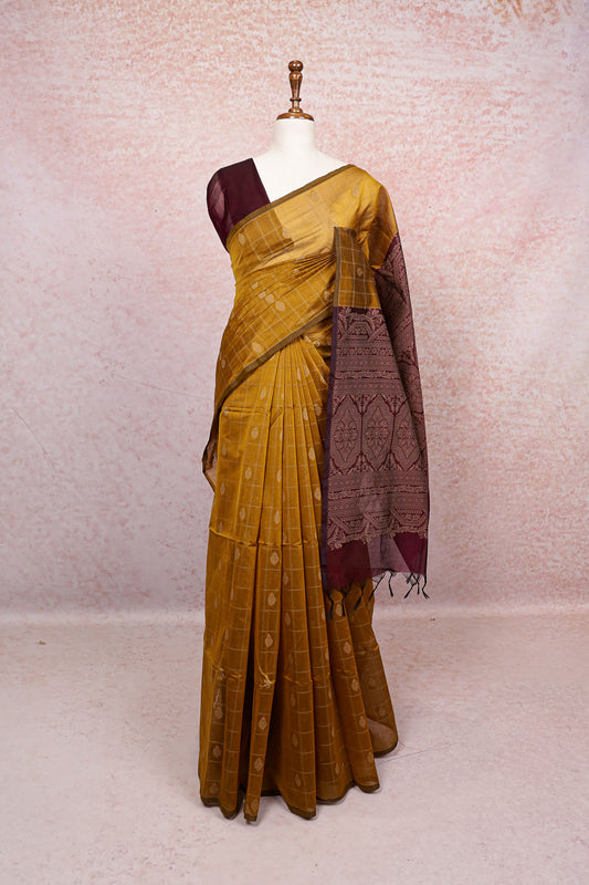 Mustard Yellow Cotton Silk Saree
