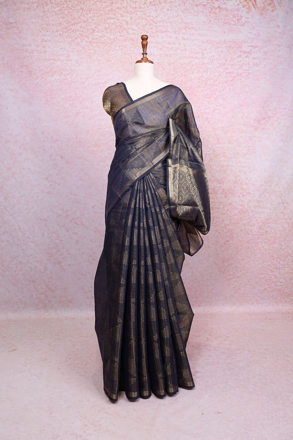 Navy Blue Semi Tussar Saree