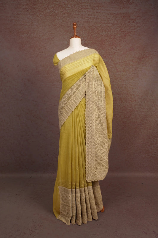 Yellowish Green Semi Organza Saree