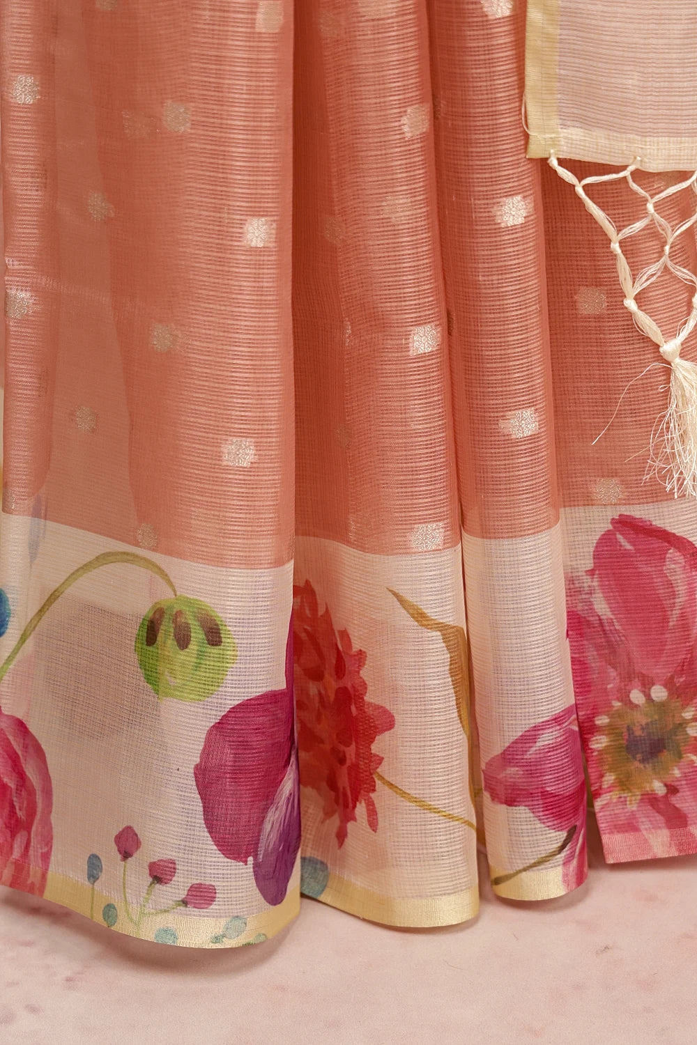 Pastel Peach Silky Kota Saree