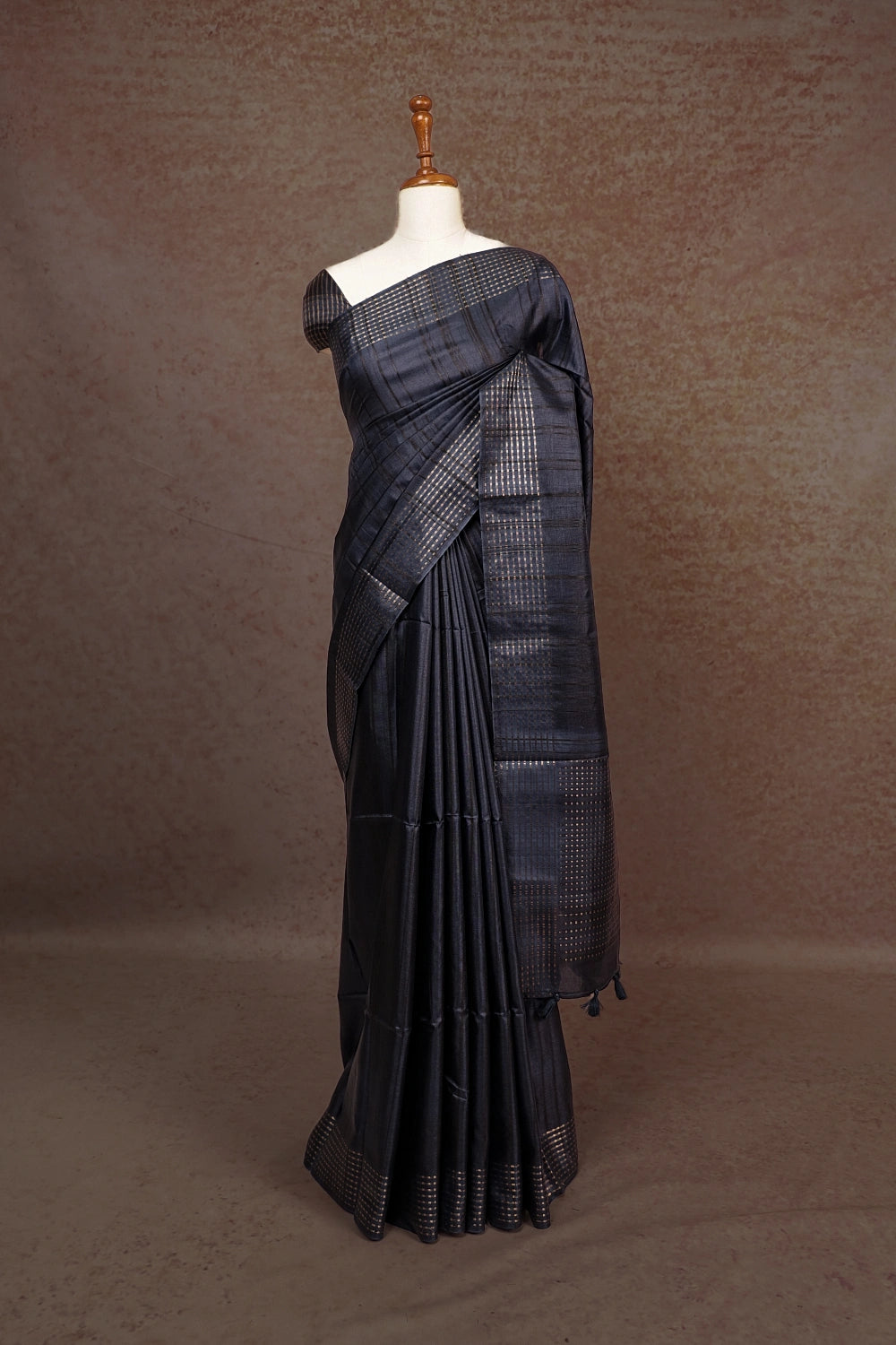 Dark Navy Blue Tussar Silk Saree