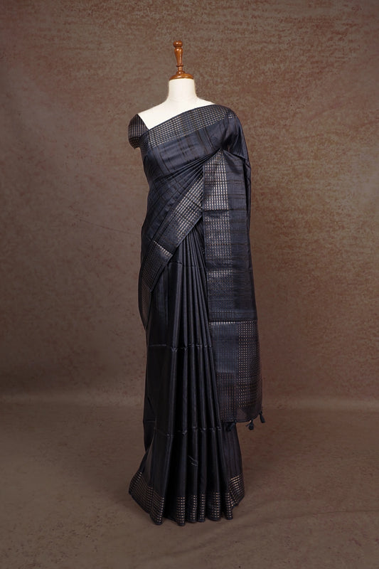 Dark Navy Blue Tussar Silk Saree