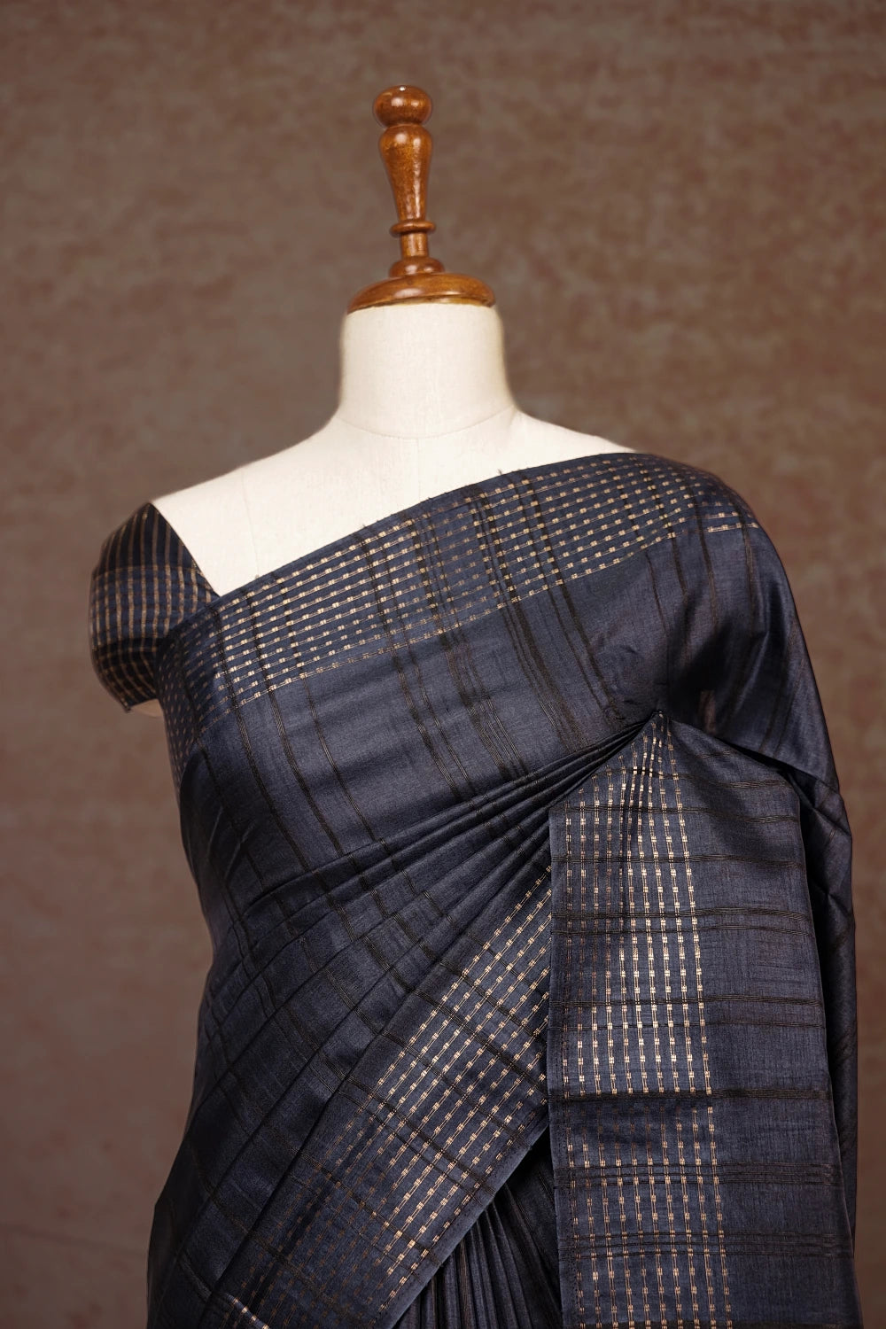 Dark Navy Blue Tussar Silk Saree