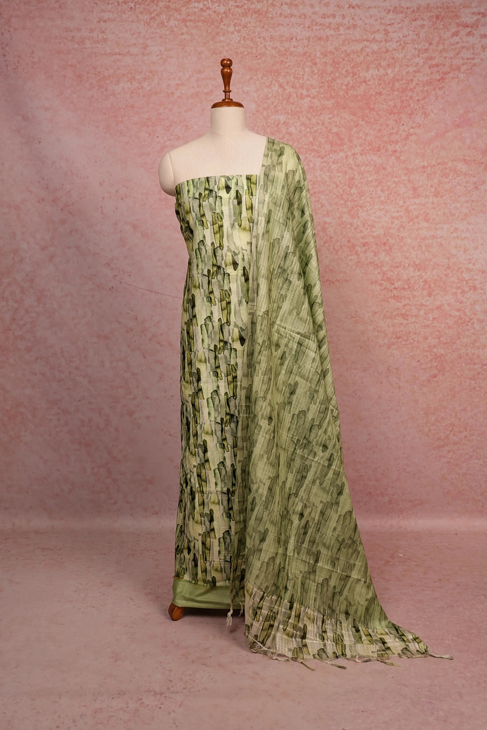 Light Green Semi Tussar Printed Unstitched Churidhar Material