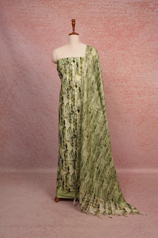 Light Green Semi Tussar Printed Unstitched Churidhar Material