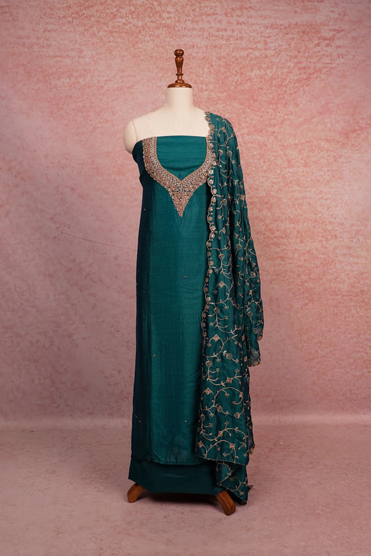Dark Green Vichitra Silk Beads Work Unstitched Churidhar Material