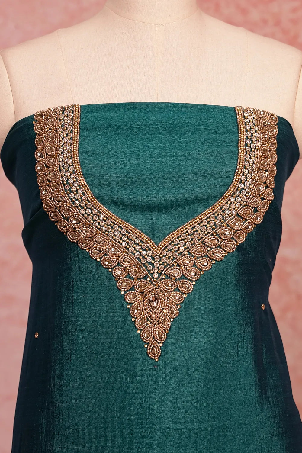 Dark Green Vichitra Silk Beads Work Unstitched Churidhar Material