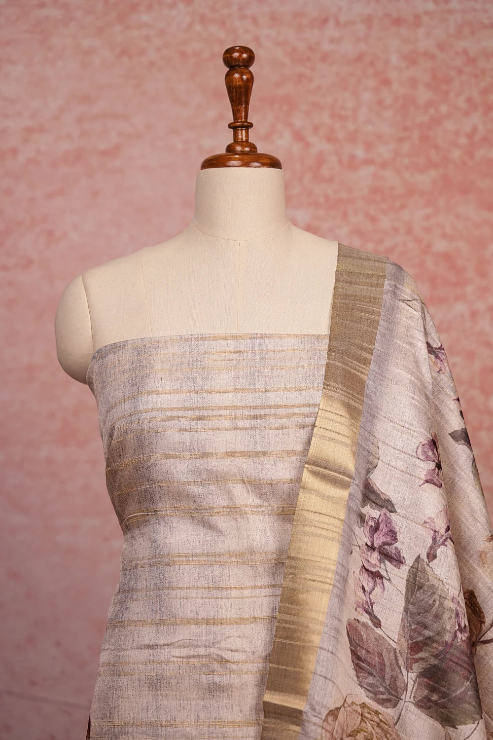 Cream Semi Tussar Floral Printed Unstitched Churidhar Material
