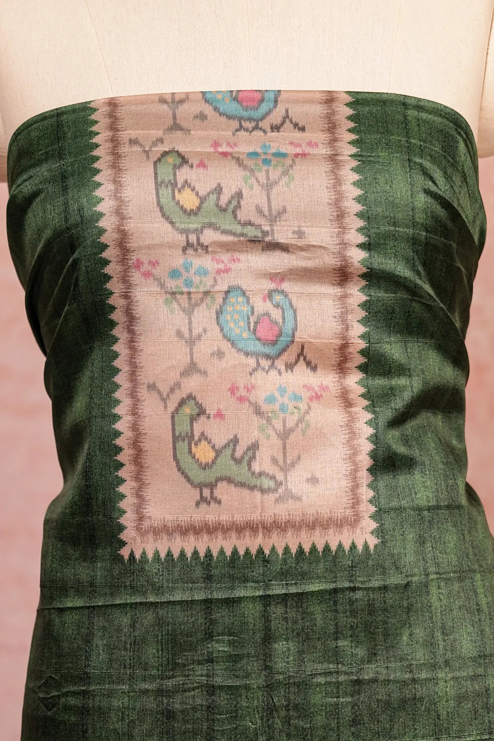 Green Semi Tussar Printed Unstitched Churidhar Material