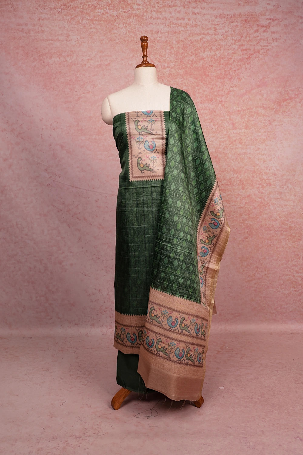 Green Semi Tussar Printed Unstitched Churidhar Material