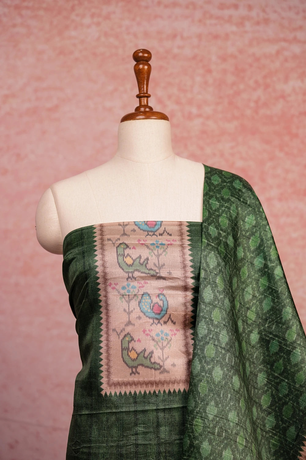 Green Semi Tussar Printed Unstitched Churidhar Material