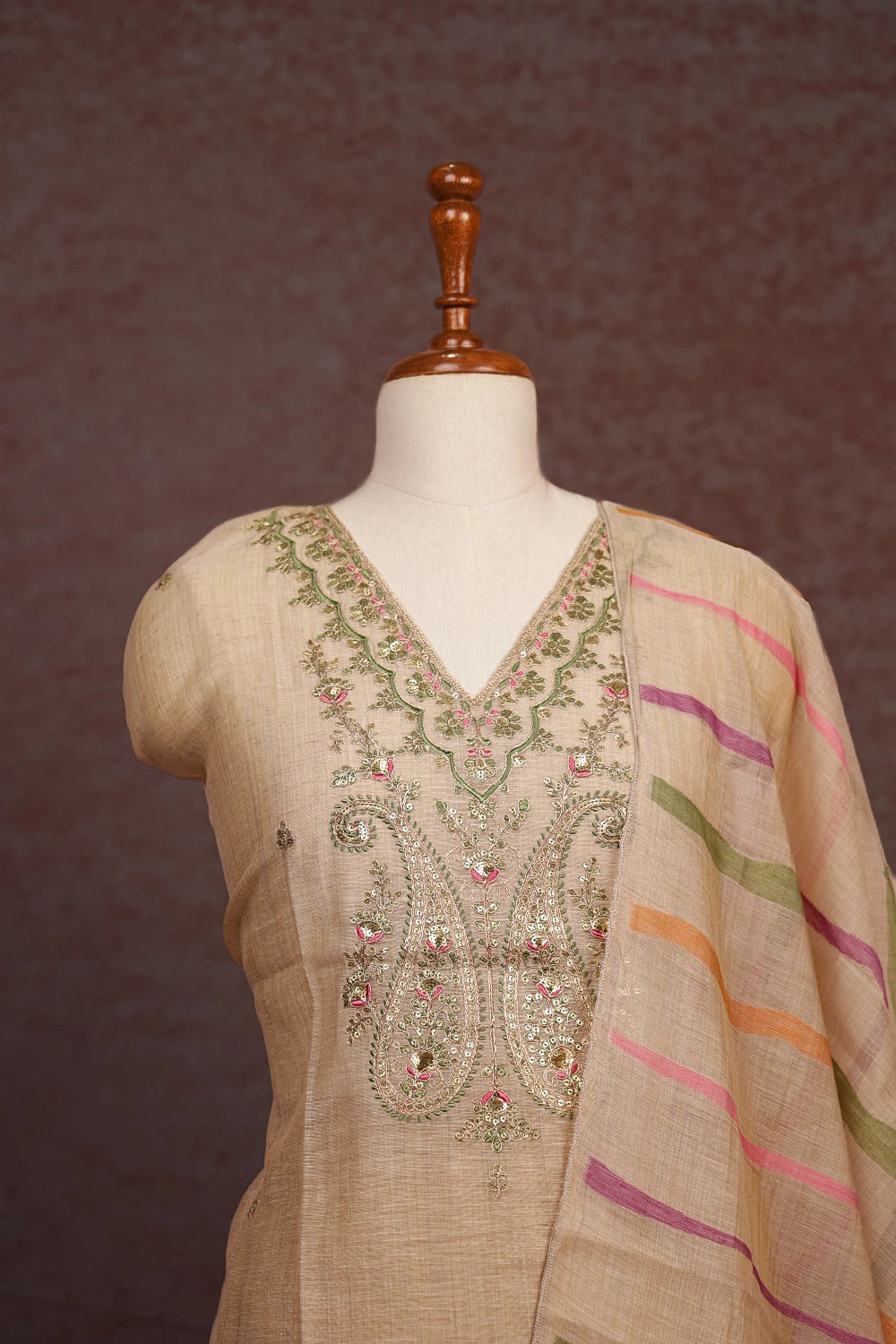 Cream Semi Chanderi Sequines Work Unstitched Churidhar Material