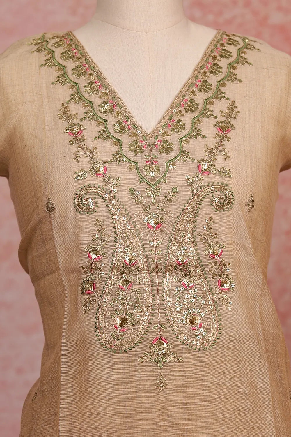 Cream Semi Chanderi Sequines Work Unstitched Churidhar Material