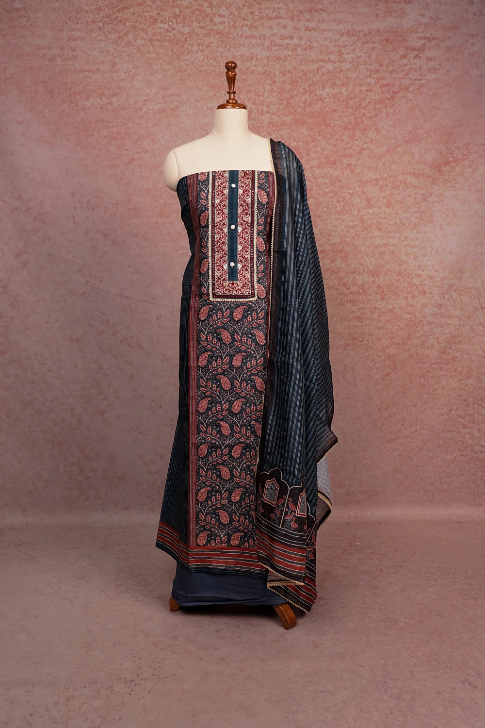 Blue Semi Tussar Embroidary Unstitched Churidhar Material