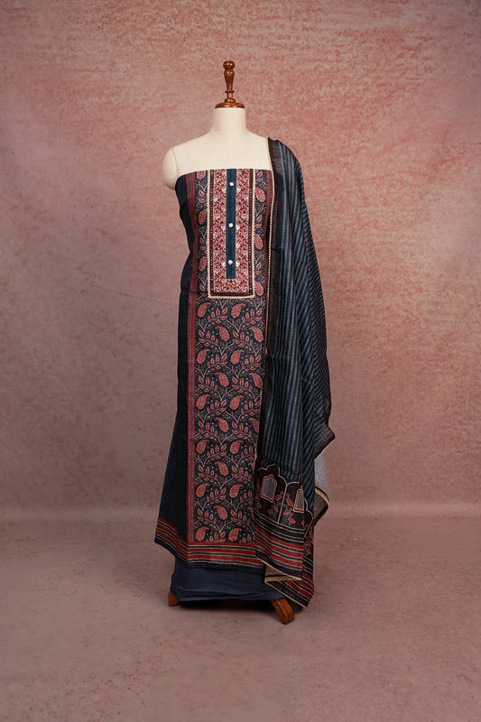 Blue Semi Tussar Embroidary Unstitched Churidhar Material