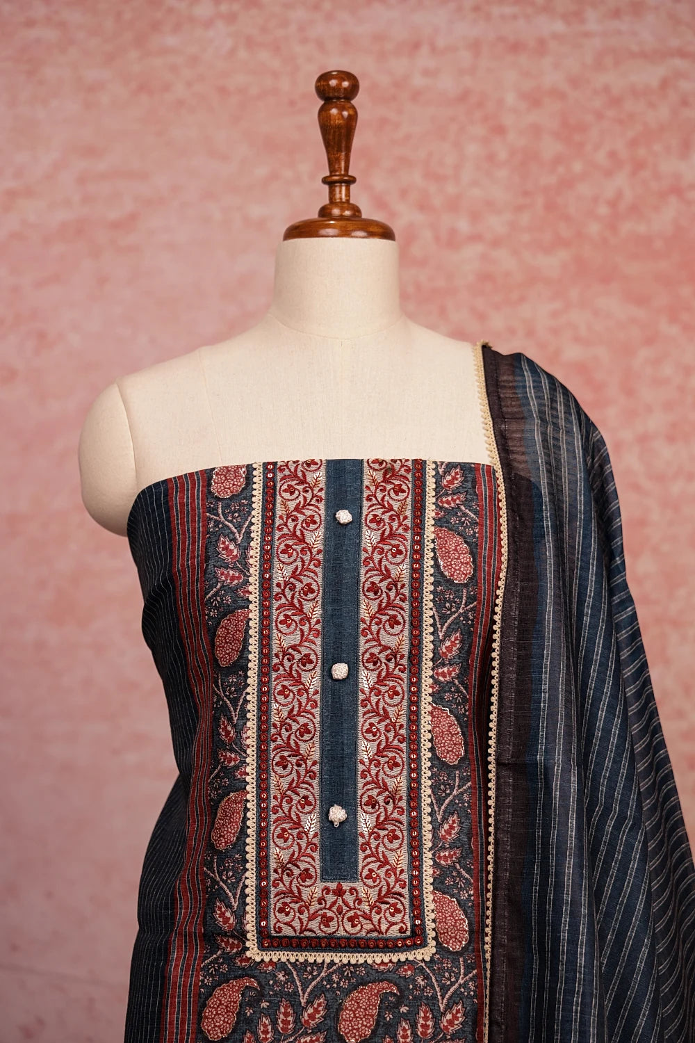 Blue Semi Tussar Embroidary Unstitched Churidhar Material