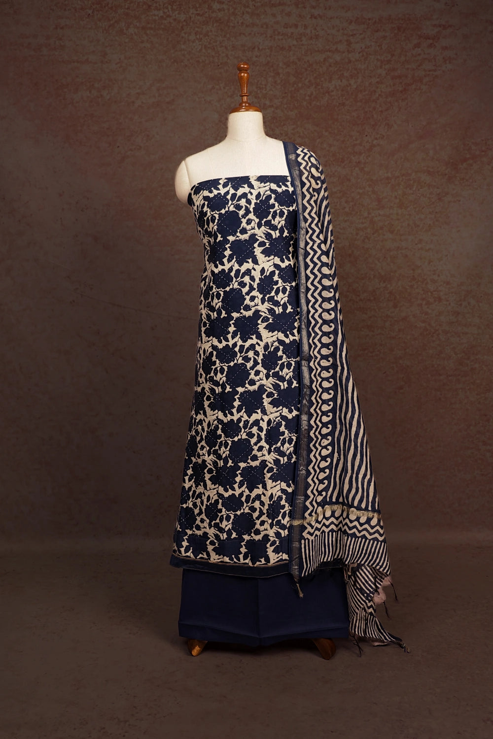 Navy Blue Mul Chanderi Printed Unstitched Churidhar Material