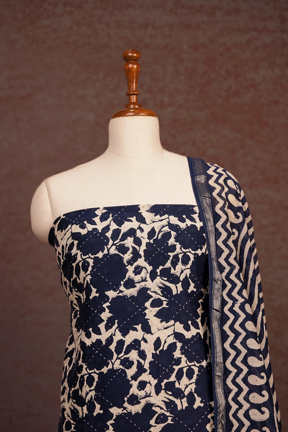 Navy Blue Mul Chanderi Printed Unstitched Churidhar Material