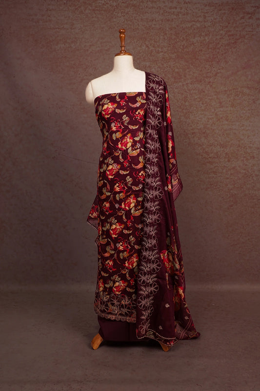 Wine Red Cotton Applic Work Unstitched Churidhar Material