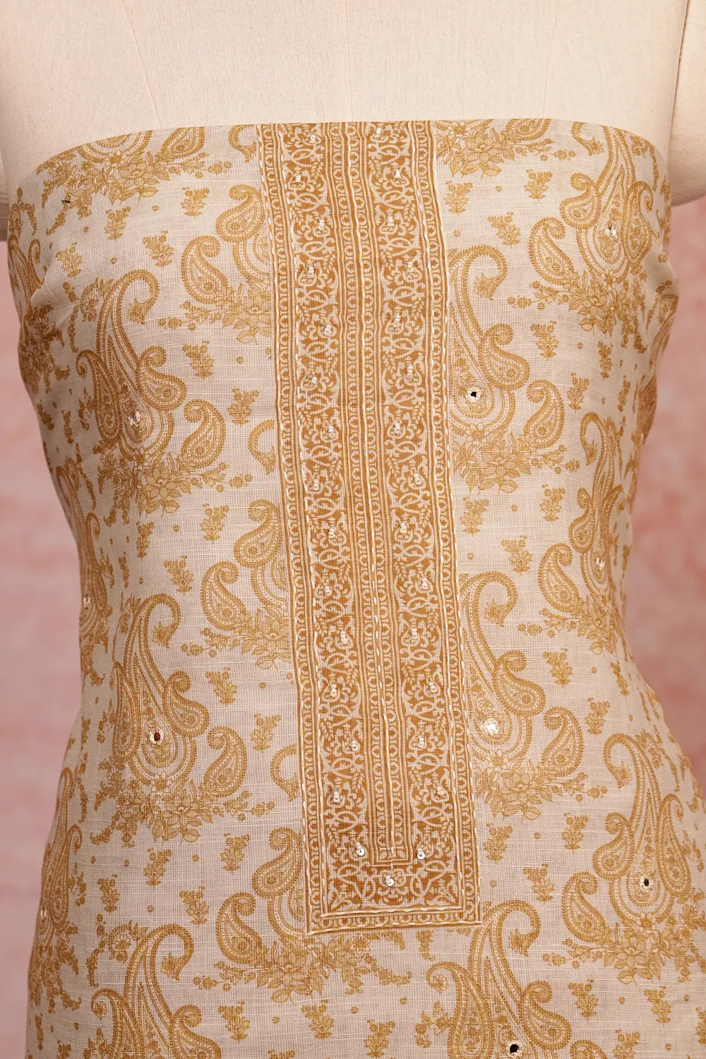 Cream Cotton Printed Unstitched Churidhar Material