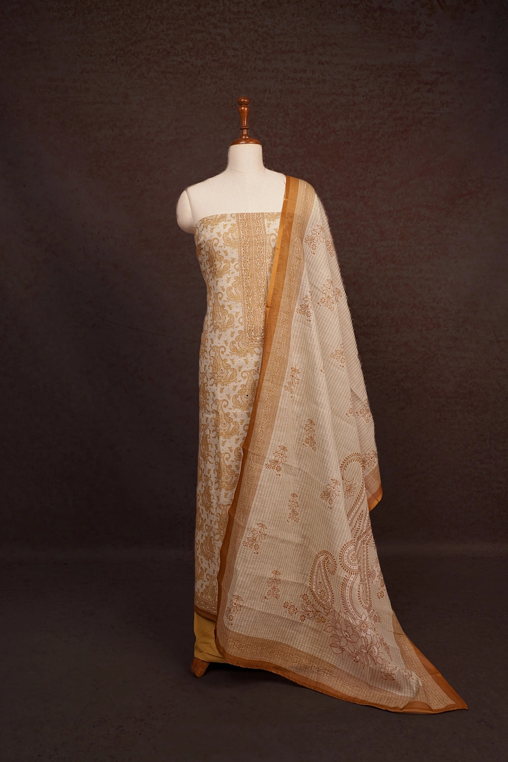 Cream Cotton Printed Unstitched Churidhar Material