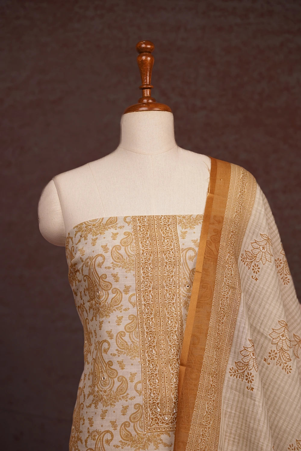 Cream Cotton Printed Unstitched Churidhar Material