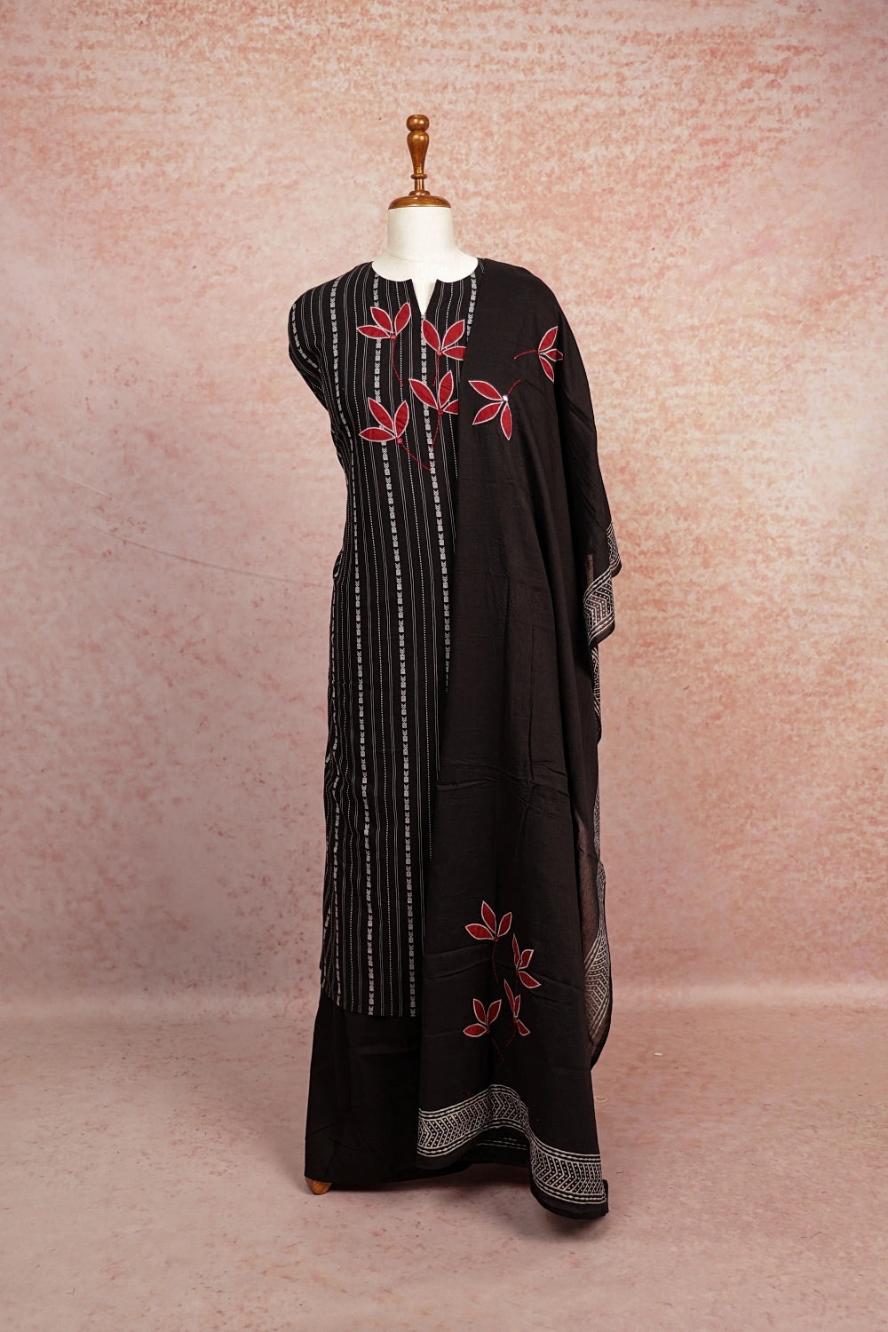 Black Cotton Applic Work Unstitched Churidhar Material