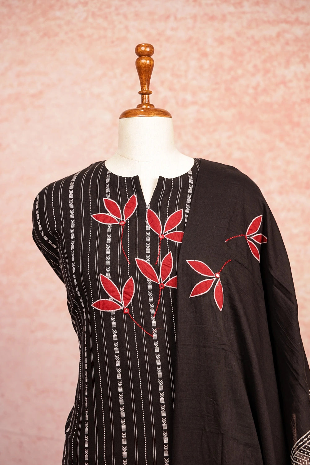 Black Cotton Applic Work Unstitched Churidhar Material